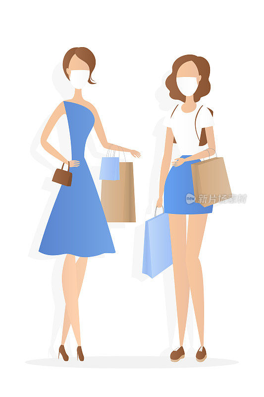 Women in masks hold shopping bags. Sale. Vector illustration